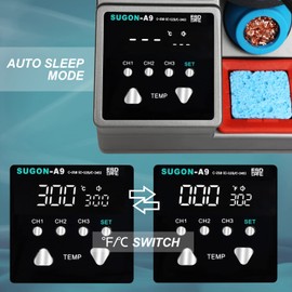 SUGON A9 Digital Soldering Station 3 Seconds Fast Heating, 110V Soldering Iron Station of with 6 Integrated Soldering Iron Tips Equipped 212-842℉ Temperature Range, Soldering Iron Replacement Rack,etc