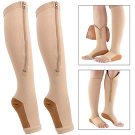 Keenso Compression Stockings, Zipper Stockings with Medium Calf Length, Slim for Women and Men, Knee High, Open Toe, Firm Support, Graduated Varicose Veins Hosiery (S/M)