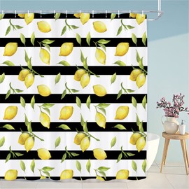 Abaysto Cute Lemon Summer Leaf Shower Curtains， Yellow Fruit Green Leaves Plant Bathroom Shower Curtain，Black Stripe Citrus Waterproof Fabric Bath Decor Set with 12 Hooks（60Wx72H Inch）