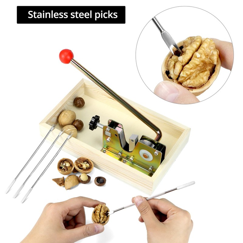 QWORK Nut Cracker with Wooden Base, Includes 4 Stainless Steel