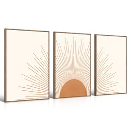 Gisipameis Boho Minimalist Wall Art Set of 3 Framed Canvas Prints with Sun Rising on the Horizon Mid Century Modern Neutral Home Decor Bohemian Style for Living Room Bedroom Bathroom Office 16x24in