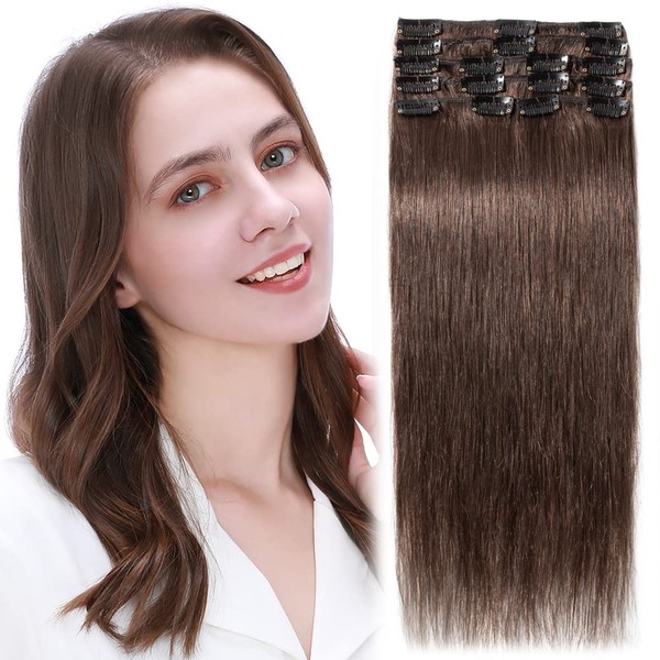 MY-LADY Clip in Hair Extensions Human Hair Balayage 100% Real Remy Human Hair 8pcs Weft Full Head Silky Straight for Women 8 inch 45g #04 Medium Brown