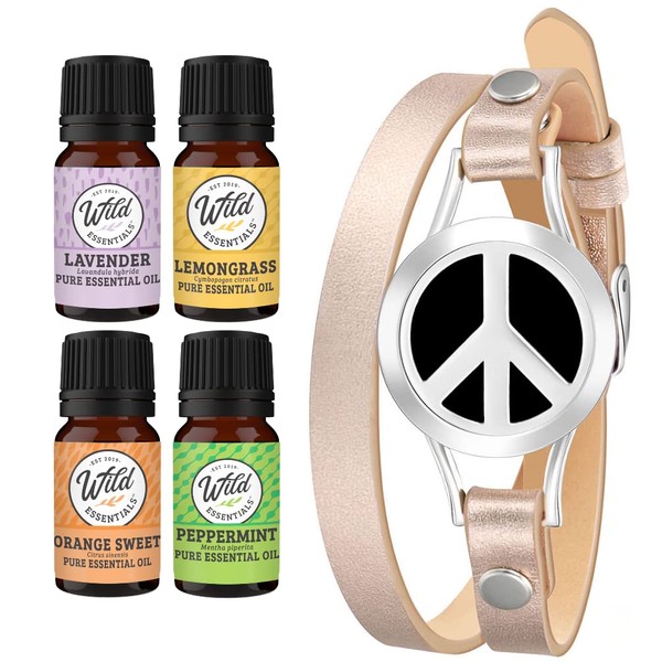 Wild Essentials Peace Sign Essential Oil Leather Wrap Bracelet Diffuser Kit, Gift Set, Lavender, Lemongrass, Peppermint, Orange Oils, 12 Pads, Customizable Color Changing Perfume Jewelry, Aromatherapy