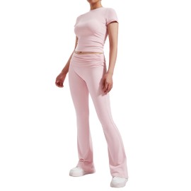 RXRXCOCO Women's 2 Piece Lounge Sets Y2K Crop Tops Fold Over Flare Pants Casual Outfits Matching Sets Pink Large