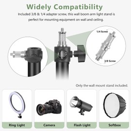 Ring Light Wall Mount with Triangle Base, 43.3inch/110cm Length Adjustable Support 180° Flexible Rotation, Wall Mount Boom Arm Up to 3.6ft for Photography Strobe Flash, Softbox, Salon