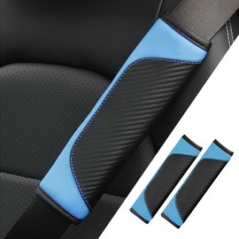 2PCS Car Seat Belt Cover pad, Carbon Fiber Safety Seatbelt Shoulder Strap Covers, Breathable Leather Soft Harness Pad Protect Your Neck and Shoulder (2, Black/Blue)