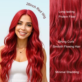 Long Red Wig for Women Natural Looking Wavy Curly Synthetic Hair Red Wig Tangle Free Heat Resistant Comfortable for Daily Wear