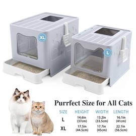 Bolux Foldable Cat Litter Box with Lid, Extra Large Litter Box with Cat Litter Scoop, Drawer Type Cat Litter Pan Easy to Scoop & Low Tracking (Grey XL)