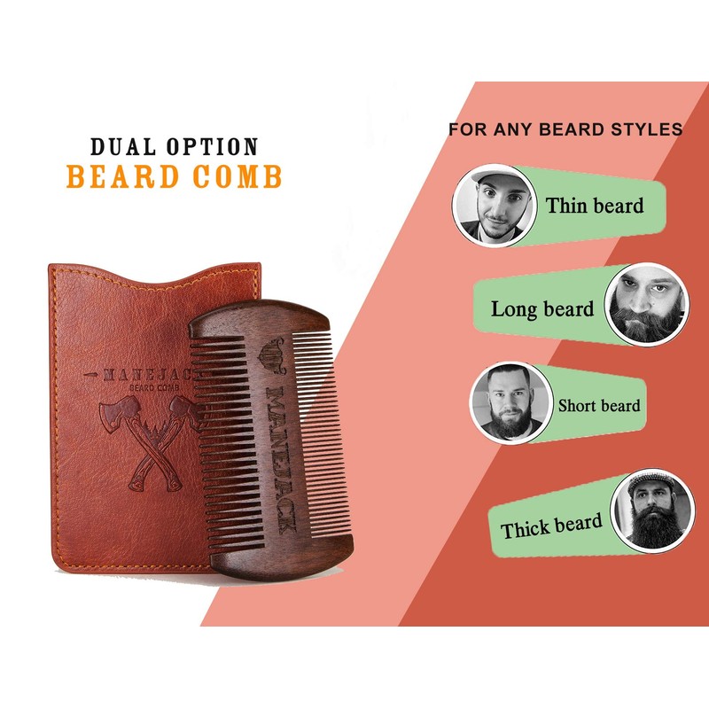 MANEJACK Wooden Beard Comb & Case, Dual Action Fine &