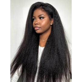 ISEE Glueless Wigs Human Hair Kinky Straight Pre Plucked Pre Cut, 9X6 M Cap HD Lace Closure 180% Density, No Glue, Reay to Wear Wig for Beginner, Natural Color (Kinky Straight, 18 Inch)