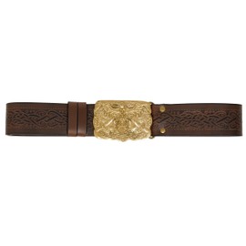 Mythrojan Leather Belt Medieval Viking Embossed Belt with Odin Raven Solid Brass Buckle Renaissance Warrior Knight Genuine Leather Belt Viking LARP Costume Accessories, Brown - 45.25" Long