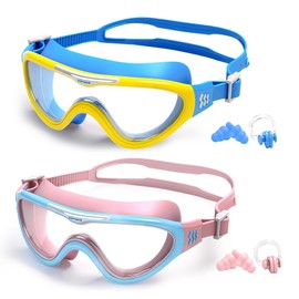 Yimserk 2 Pack Kids Swim Goggles with Nose Clip & Ear Plugs, Anti-Fog UV Protection Swimming Goggles for Boys & Girls Age 4-14, Soft Silicone Leak-Proof Pool Goggles with Case