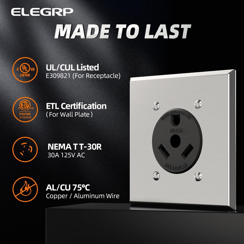 ELEGRP NEMA TT-30R RV Receptacle, 30A 125V Flush Mounting Power