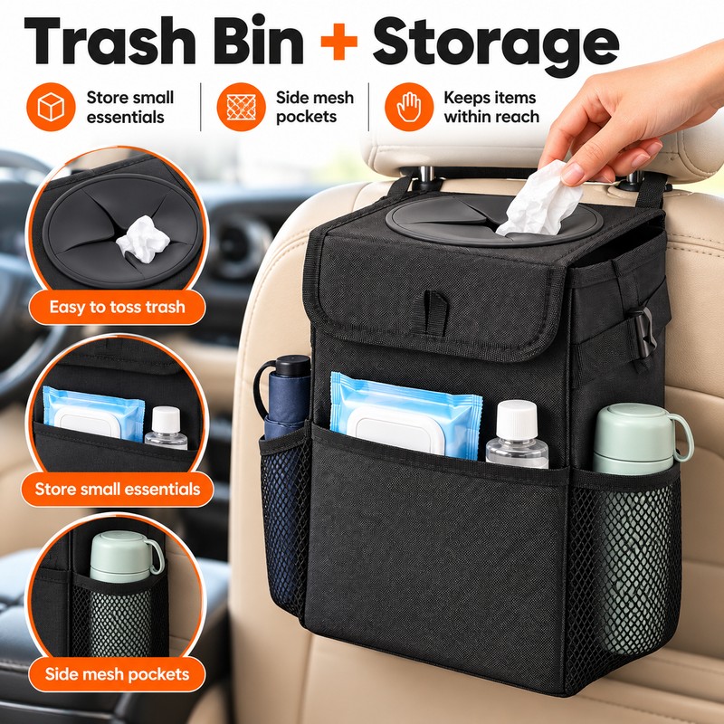 Collapsible Car Trash Can with Lid, Leak-Resistant Oxford Cloth Garbage