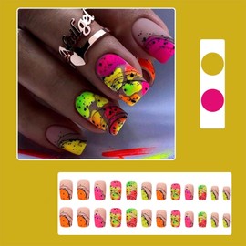 24Pcs Colorful Press on Nails Short Rainbow Acrylic Nails False Nails with Black Spot Design Colorful Square Mix-Color Contrast Blooming Full Cover Matte Fake Nails Glue on Nails for Women Decoration