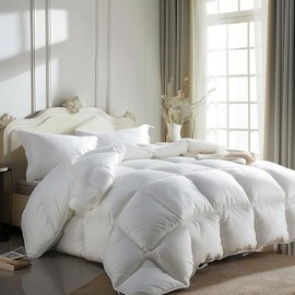 Luxurious King Size Goose Feather Down Fiber Comforter Duvet Insert,Fluffy Ultra-Soft 100% Cotton, Hotel Collection Comforter, Extra Warmth 106 x 90 Inch White Solid