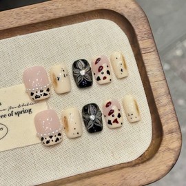 Short Square Press on Nails Handmade False Nails with 3D Designs/Charms, Cute Reusable Fake Stick on Acrylic Tips (Milky Black, Small)