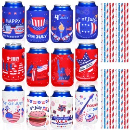 4th of July Decoration Can Cooler Sleeves, 12 Pcs Independence Day Can Party Supplies USA Flag Insulated Collapsible 4th of July Cooler Sleeves for Patriotic Memorial Day (A)
