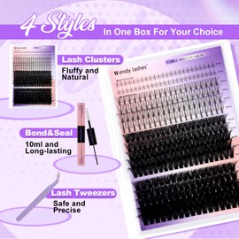 Cluster Lashes Kit Wispy 4 Styles, Individual Eyelashes Kit 60D+80D+7D and Lower DIY Cluster Eyelash Extensions Manga 0.07mm 12-18mm Lash Clusters with Bond and Seal(4SX-60D+80D)