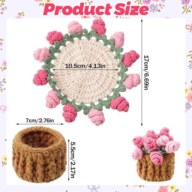 LLMSIX Handmade Rose Crochet Flower Coaster Set with Storage Basket