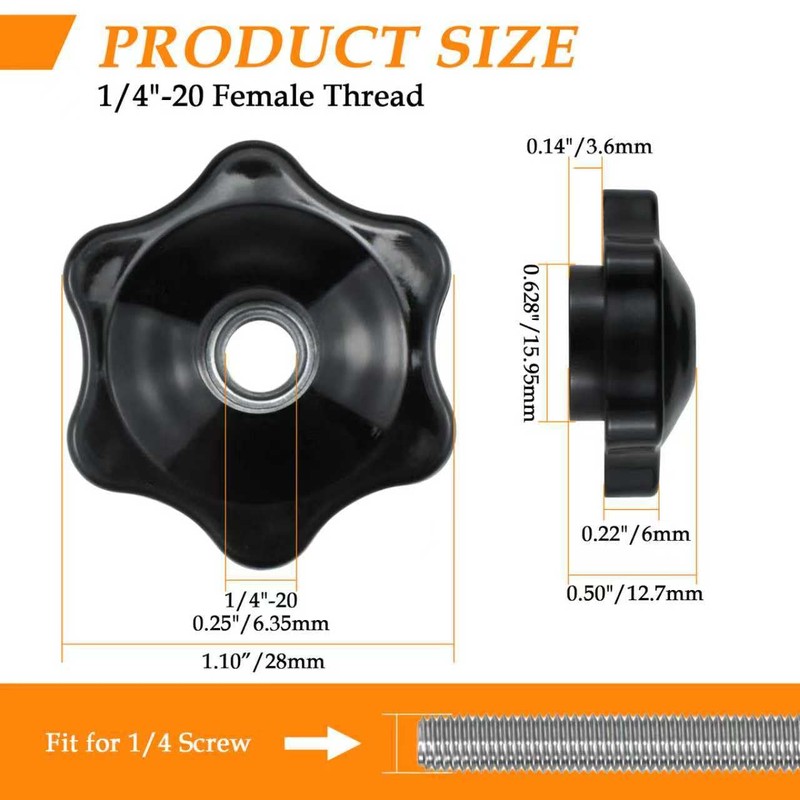 Aifeier ET 4 Pcs 1/4"-20 Inch Knob Black Nylon Screw-On