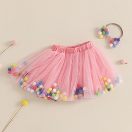 Toddler Girl Mesh Tutu Skirt Colorful Plush Ball Layered Tulle Skirt Princess Birthday A-Line Dance Skirt+Headband (Pink, 18-24 Months)