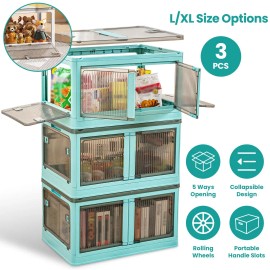 4-Door Foldable Storage Bins with Lock and Wheels 3-Piece Stackable Closet Organizer Containers Foldable Storage Bins with Lidcolor: Green Color, size: Size L
