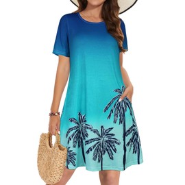 Summer Dresses for Women Casual Short Sleeve Loose Beach Cover Up Scoop Neck Floral Sundress with Pockets(Blue Hawaiian Tree, XL)