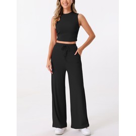 Allegra K Women's 2 Piece Casual Sets Crew Neck Sleeveless Crop Tank Wide Leg Pants Summer Lounge Set X-Large Black