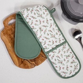 Premier Decorations 90cm Christmas Holly Berry Double Oven Glove Mitt Pot Holder Green and White Festive Kitchenware Xmas Novelty Gift