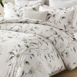 SahSahCasa Cotton Comforter Set Queen Size, Queen Comforter Bedding Set, Floral Botanical Fluffy Quilted All-Season Luxury Soft Comforter Bed Set, Duvets and Down Alternative, 3pcs, White/Green