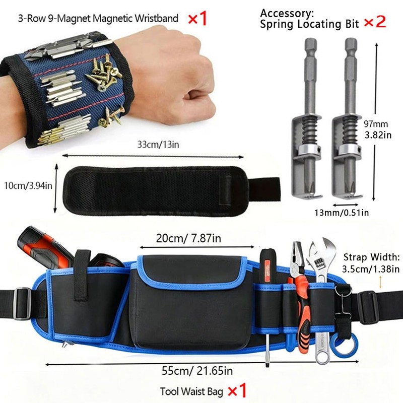 Multi-pocket tool pouch, magnetic wristband & screw positioning bit holder