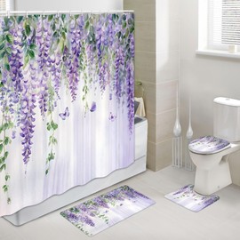 4 Pcs Purple Lavender Floral Shower Curtain Set with Non Slip Rugs Toilet Lid Cover and Bath Mat, Purple Lilac Flower Leaves Fabric Waterproof Bath Mat Carpet Toilet Restroom Bathroom Accessories