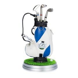 Golf Bag, Pen Holder with Clock, Office, Home, Coffee Shop, Ornament for Desk, Mini Golf Caddy Cart Holder and 3 Pieces Aluminum Pens, Golf Gift Set, Golf Gift for Men and Women (Blue)