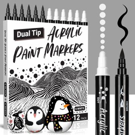 KERIFI Black and White Paint Pens, 12 Dual Tip Acrylic Paint Marker Brush Tip & Round Tip, White Acrylic Paint Pen for Rock Painting Stone Wood Plastic Glass Black Paper Ceramic (6Black 6White)