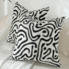 iUtoliz Black and White Pillow Covers, 18x18 Inch Neutral Square Decorative Throw Pillow Cover Modern Geometric Striped Soft Chenille Cushion Case for Couch Sofa Bed Decor, Pack of 2
