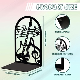 Peacoblue Metal Bookend Stopper Holder Stand for Shelves Decorative, 13.5x11x20 Modern Creative Heavy Duty Study Book End for Desk Shelf, 1 Pair (Guitar and Music Note)