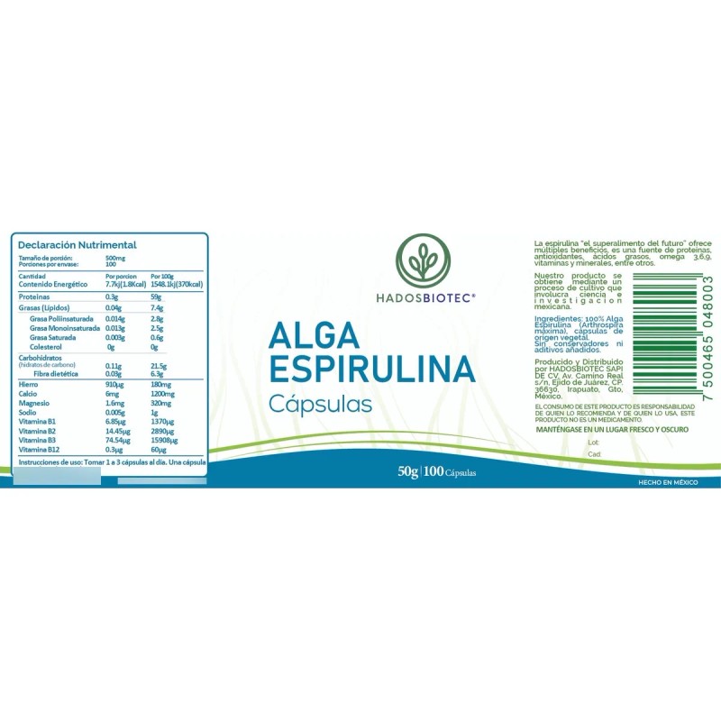 Alga Espirulina Cápsulas Sin Conservadores 50 G 100 Cap