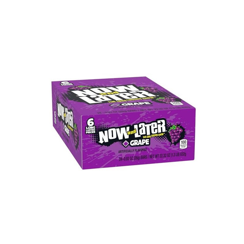 Now & Later Original Taffy Chews Candy, Grape, 6 count,