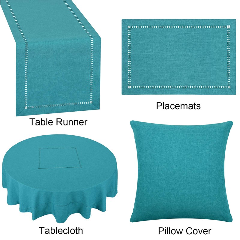 Grelucgo Handmade Hemstitch Teal Table Runner Dresser Scarf, Rectangular 14