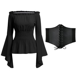 Odizli Medieval Clothing Women's Gothic Steampunk Long Sleeve Off Shoulder Corset Top + Belt Victorian Renaissance Costume, Black+Belt