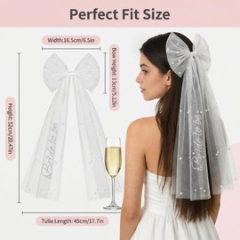 White Bride to Be Veil Pearl Tulle Bow Hair Clip for Wedding Morning Photos
