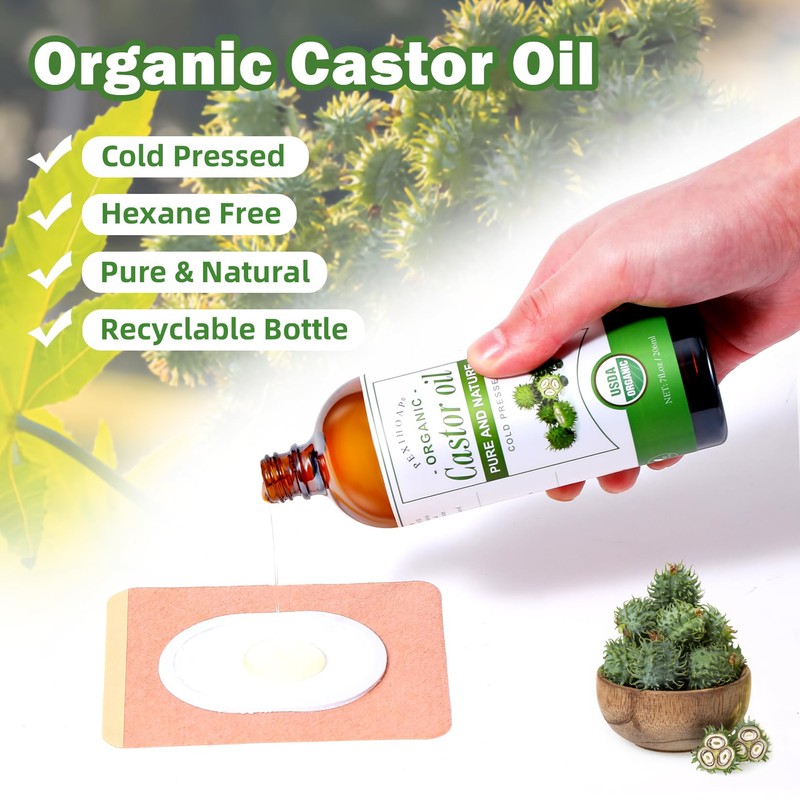 30Pcs Adhesive Castor Oil Patch with 7oz Organic Castor Oil