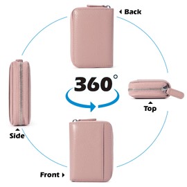 RSXING Credit Card Holder Women's Genuine Leather RFID Protection Blocker Card Case Small Card Holder Purse Women Mini Card Wallet with Zip, pink, Modern