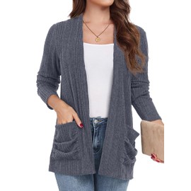 GRECERELLE Womens Cardigans Lightweight Casual Rib Classic Cardigans for Ladies with Pockets (Dark Grey, L)