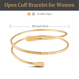 2pcs Upper Arm Cuff Bracelet for Girls Women, Adjustable Gold & Silver Arm Cuff, Minimalist Snake Arm Bracelet, Stylish Gold Arm Cuff Bangle, Open Cuff Bracelet for Women, Upper Arm Jewellery