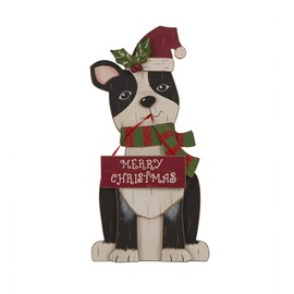 glitzhome Christmas Table Decoration 16 Inches Wood Dog Ornaments for Christmas Table Decor Country Boston Terrier Home Decor Rustic Xmas Desk Decoration