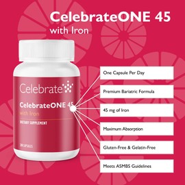 Celebrate Vitamins CelebrateONE 45, 45mg Iron - Once Daily Bariatric Multivitamin, Essential Vitamins & Minerals - Gastric Bypass & Sleeve Gastrectomy Supplement (30 Capsules)