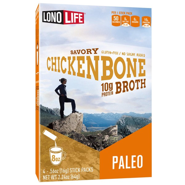 LonoLife Chicken Bone Broth Powder with 10g Protein, Paleo and Keto Friendly, Stick Packs, 24 Count