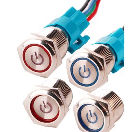 CESFONJER 2pcs Metal Latch Push Button Switch, Waterproof Toggle Switch with Wire Socket Plug, Silver Stainless Steel 12V Power Supply with Angel Eye for 16mm Mounting Hole (LED Blue + LED Red)